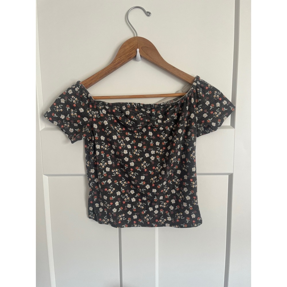SO Dark Grey Floral Ribbed Off The Shoulder Crop Top XS Short Sleeve Blouse